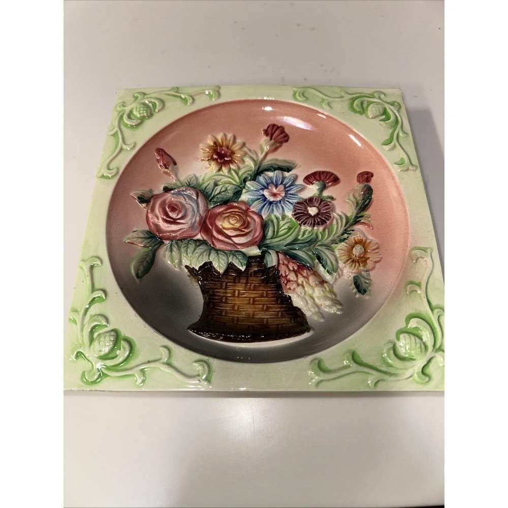 Vintage Pacific Japan Ceramic 3-D Wall Hanging‎ Floral Design Spring Colors 8x8